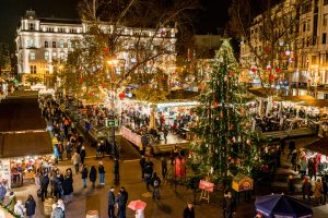 Evening capture of the Vörösmarty square Christmas market with lights and Christmas tree