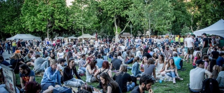 Photo showing a lot of people sitting in the green grass during a festival in the heart of Budapest