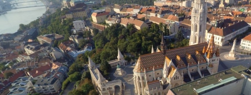 A gorgeous aerial photo of the Matthias church situated in the Castle district of the Buda side of the river Danube