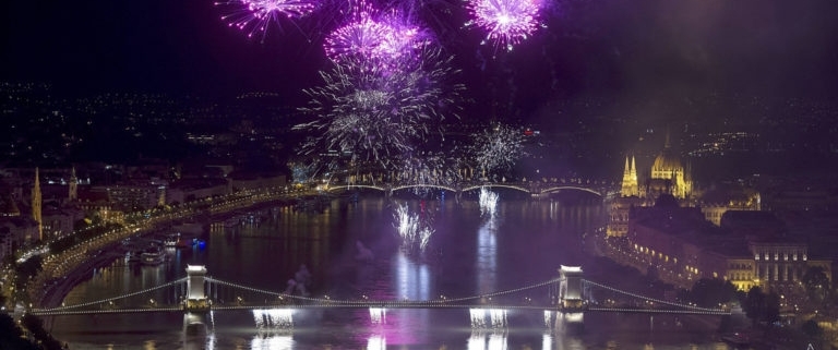 A photo depicting the annual fireworks above Budapest commemorating the 20th of August, the feast of Saint Stephen, the first king of Hungary