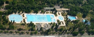 Birds-eye view of the pools of the Palatinus beach on the Margaret island in the middle of the river Danube