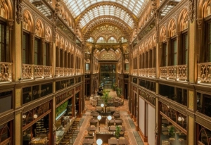 Inside of the Paris courtyard which was the first shopping passage and office building built 1909-1912 in Budapest