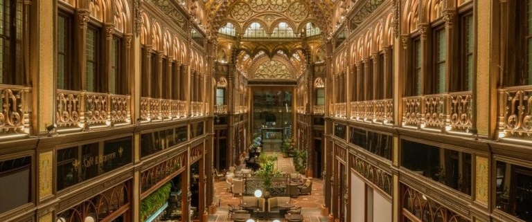 Inside of the Paris courtyard which was the first shopping passage and office building built 1909-1912 in Budapest