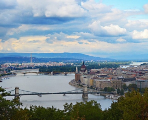 This is a beautiful view of Budapest and the river Danube from the top of the circa 150 meters tall Gellért hill in Buda