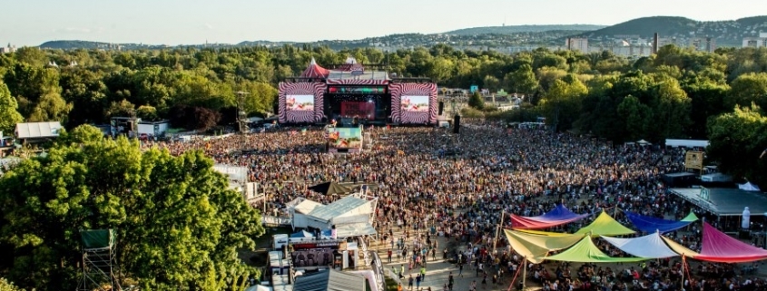 Capture of the main stage and its audience of the Sziget festival, the most famous summer festival of Hungary organized on an island on the river Danube