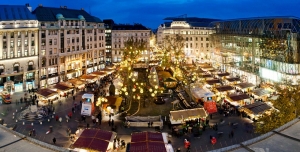 Lit up stalls of one of the best Christmas markets of Europe held annually on the Vorosmarty square