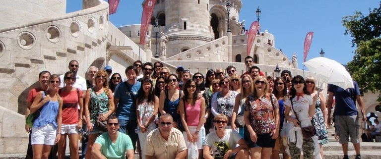 A lovely group in front of the Fisherman's Bastion at the end of a General Budapest Free Tour