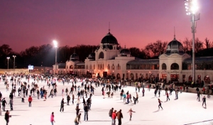 Evening photo of the biggest open air ice-skating rink of Europe, situated in the City park next to the Heroes' square in Budapest