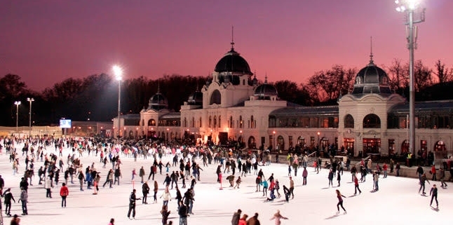 Evening photo of the biggest open air ice-skating rink of Europe, situated in the City park next to the Heroes' square in Budapest