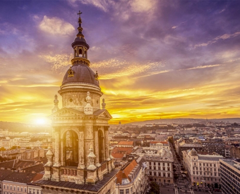 Here is a picture at sunset taken from the top of Saint Stephen's Basilica overlooking Pest and Buda