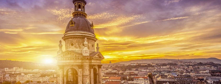 Here is a picture at sunset taken from the top of Saint Stephen's Basilica overlooking Pest and Buda