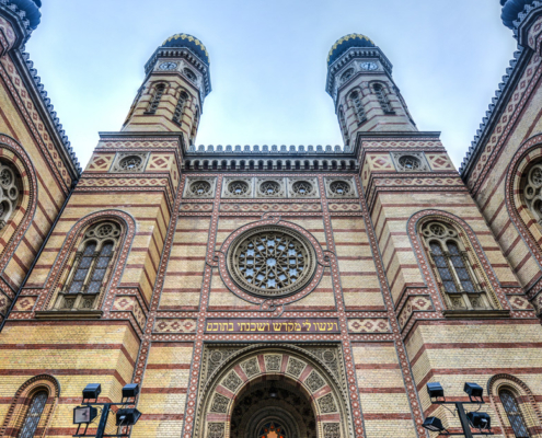 The main entrance of the Dohány street Synagogue which has a Moorish style that features a mixture of Byzantine, Romantic and Gothic elements as well