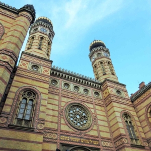 The façade and two towers of the Dohány street grand synagogue, the second biggest synagogue of the world