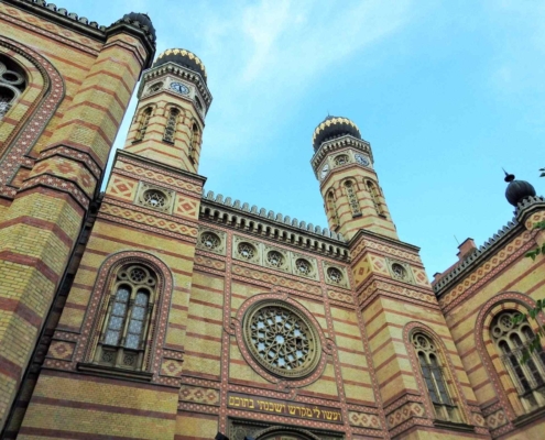 The façade and two towers of the Dohány street grand synagogue, the second biggest synagogue of the world