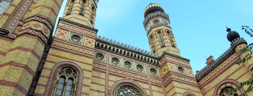 The façade and two towers of the Dohány street grand synagogue, the second biggest synagogue of the world