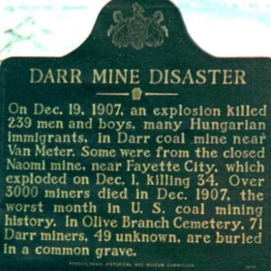 A plaque remembering the victims of the mine disaster in 1910 near the town of Van Meter, Pennsylvania