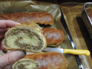 A picture of our home made bejgli - a Hungarian Christmas delicacy filled with poppy seed or  minced walnuts