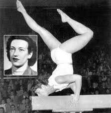 Black and white picture of Ágnes Keleti, Hungarian Olympic winner gymnast performing a movement