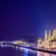 Beautiful image of the lit up Hungarian Parliament building and the river Danube