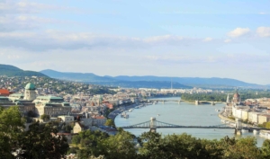 The Chain bridge in the foreground spanning between Buda and Pest