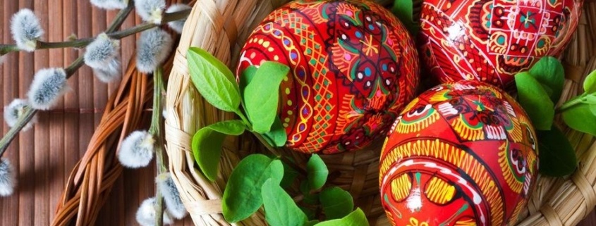 Colorful painted Easter eggs in a basket with some bark next to it