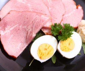 Cooked ham and boiled eggs with horseradish cream which is eaten at Easter in Hungary