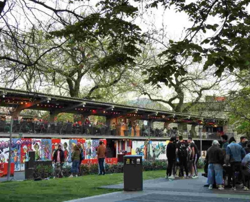 Lots of people sitting outside on terraces that could reopen on the 24th of April 2021