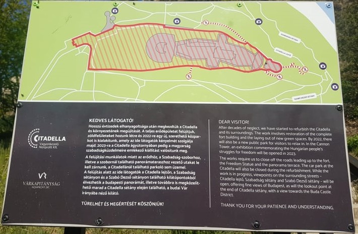 Info board about the renovation of the Citadel on Gellért hill in Budapest