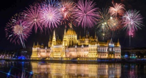 Colorful fireworks above the Parliament in Budapest
