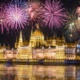 Colorful fireworks above the Parliament in Budapest