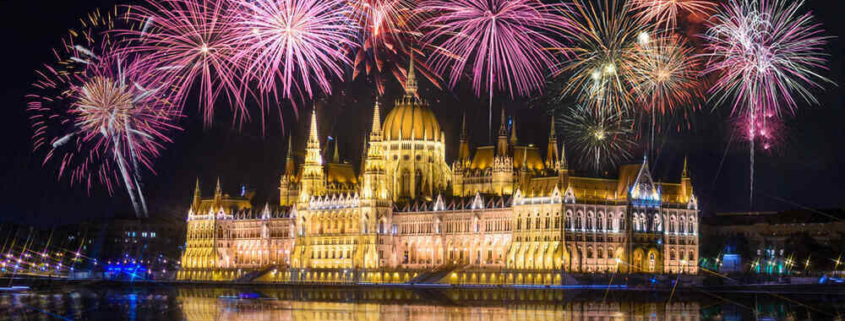 Colorful fireworks above the Parliament in Budapest