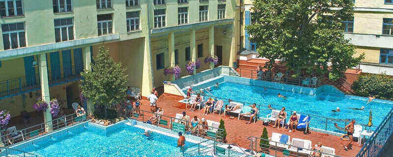 The building and some of the pools of the Lukacs thermal bath in Budapest