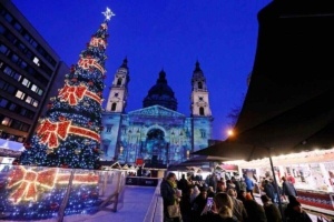 Christmas in Budapest -Big decorated Christmas tree in front of the Saint Stephens Basilica in Budapest