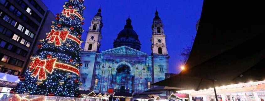 Christmas in Budapest -Big decorated Christmas tree in front of the Saint Stephens Basilica in Budapest