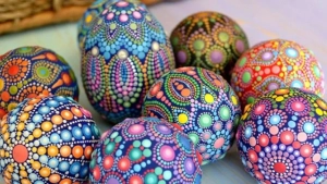 Colorful painted eggs which are traditional at Easter in Hungary