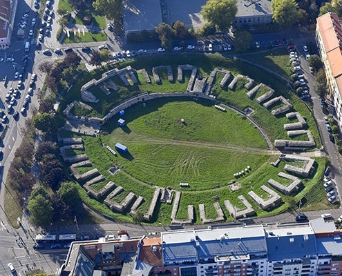 Roman amphitheater pictured from above in Budapest