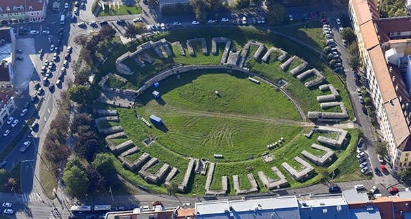 Roman amphitheater pictured from above in Budapest