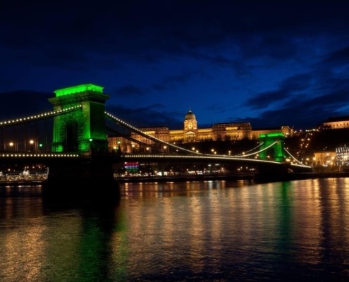 Chain Bridge - in St Patricks day - Budapest in March